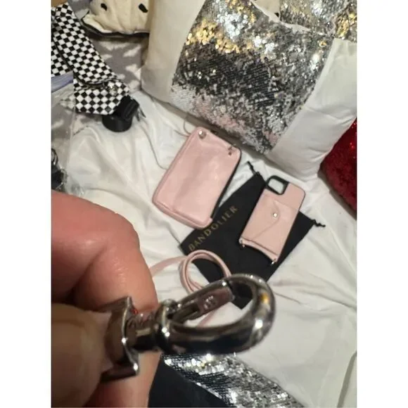 Bandolie donna iPhone 13 case & pink leather crossbody /belt/strap set w/pouch